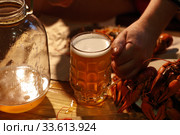 Crayfish with beer on a wooden table. Стоковое фото, фотограф Марина Володько / Фотобанк Лори