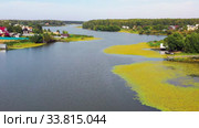 Кубышки на реке Митюш в Бурмистрово / Aerial video of siberian river Miltyush covered by Nuphar flowers. Burmistrovo, Siberia, Russia. Стоковое видео, видеограф Сергей Пристяжнюк (Serg Zastavkin) / Фотобанк Лори