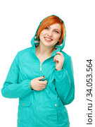 Portrait of a young beautiful girl in a jacket with a hood isolated on white background. Стоковое фото, фотограф Nataliia Zhekova / Фотобанк Лори