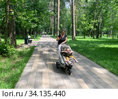 Московская область, город Балашиха. Молодая мама с ребенком в коляске гуляет по тенистой аллее в парке "Пехорка" летом (2020 год). Редакционное фото, фотограф Овчинникова Ирина / Фотобанк Лори