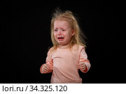 Portrait of Crying, Yelling, Abused Helpless Baby Girl After Family Conflict. Got Lost. In Difficulty. Family Conflict, Violence, Injustice, Unfairness. Стоковое фото, фотограф Иван Карпов / Фотобанк Лори