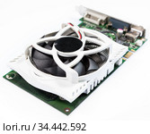 Graphics card with large cooler, one object on a white background. Стоковое фото, фотограф Кекяляйнен Андрей / Фотобанк Лори