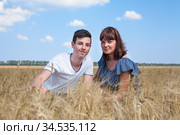 Adult mother with her teenage son sitting in yellow wheat field, two Caucasian people. Стоковое фото, фотограф Кекяляйнен Андрей / Фотобанк Лори