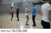 Smiling dancing people practicing bachata movements in dance studio for adults. Стоковое видео, видеограф Яков Филимонов / Фотобанк Лори