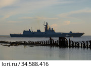 Российский военный фрегат "Адмирал Горшков". Россия, Архангельская область (2020 год). Редакционное фото, фотограф Яковлев Сергей / Фотобанк Лори