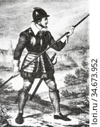 Старинная гравюра 19 века. Иноземный солдат копейщик на русской службе. Стоковое фото, фотограф Игорь Низов / Фотобанк Лори