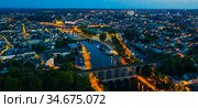 Evening aerial view of Laval with buildings, river Mayenne and old bridge. Стоковое фото, фотограф Яков Филимонов / Фотобанк Лори