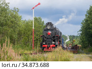 Советский паровоз ЛВ-0522 и с поездом  "Рускеальский экспресс" у платформы станции "Рускеала" (2020 год). Редакционное фото, фотограф Виктор Карасев / Фотобанк Лори