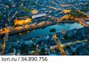 Laval city and Mayenne river in evening. View from above. France. Стоковое фото, фотограф Яков Филимонов / Фотобанк Лори