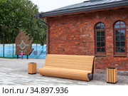 Kronshtadt, Russia-circa Sep, 2020: Logo and emblem in Russian of the Camp of Real Heroes on entrance. It is an all-Russian project of patriotic education of youth. Редакционное фото, фотограф Кекяляйнен Андрей / Фотобанк Лори