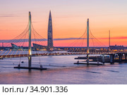Санкт-Петербург.  Вантовый мост ЗСД через Петровский фарватер (2020 год). Редакционное фото, фотограф Литвяк Игорь / Фотобанк Лори