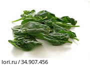 Spinach (Spinacia oleracea) leaves on table. Стоковое фото, фотограф Валерия Попова / Фотобанк Лори