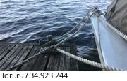 Mooring rope and bollard on wooden pier of forest lake, close up view. Стоковое видео, видеограф Кекяляйнен Андрей / Фотобанк Лори