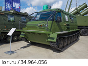 Снегоболотоход ГАЗ-34039 «Ирбис» с рулевым управлением крупным планом. Экспонат международного военного форума "Армия-2020" Редакционное фото, фотограф Виктор Карасев / Фотобанк Лори