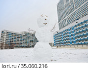 Городской снеговик из первого осеннего снега (2020 год). Редакционное фото, фотограф E. O. / Фотобанк Лори