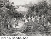 Старинная литография В. Пассека. Люди празднуют ночь под Ивана Купала. Стоковое фото, фотограф Игорь Низов / Фотобанк Лори