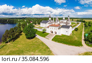 Aerial Panaramic view to Ferapontov Belozersky male monastery of XV century. Complex of temples Located on the shore of the Borodaevsky Lake. Russian Orthodox Church. Kirillov. Vologda Region. Russia. Стоковое фото, фотограф Алексей Ширманов / Фотобанк Лори