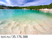 beautiful turquoise color of water in a kaolin quarry near the city of Kyshtym, Chelyabinsk region in Russia. Стоковое фото, фотограф Акиньшин Владимир / Фотобанк Лори