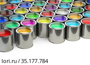 Open paint cans placed close to each other. Сolor palette concept. Стоковая иллюстрация, иллюстратор Маринченко Александр / Фотобанк Лори