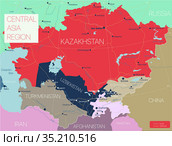 Central Asia region detailed editable map. Стоковая иллюстрация, иллюстратор Jan Jack Russo Media / Фотобанк Лори