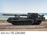 Self-propelled artillery installation 2S7M "Malka" at demonstration public performances at the Alabino training ground. International Army Games Army-2020. Russia. Close-up. Редакционное фото, фотограф Наталья Волкова / Фотобанк Лори