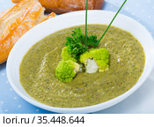 Cream soup of broccoli with bread. Стоковое фото, фотограф Яков Филимонов / Фотобанк Лори