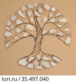 Transitory art arrangement - tree drawn on craft paper and and assortment of seaglass collected on beaches of Gran Canaria, representing seasonal change. Стоковая иллюстрация, иллюстратор Tamara Kulikova / Фотобанк Лори
