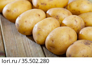Closeup many potato tubers on wooden surface. Стоковое фото, фотограф Яков Филимонов / Фотобанк Лори