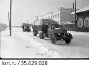 Два тягача ЗИЛ с утепленным капотом занимается транспортировкой грузов, содержимое кузова накрыто брезентом, дома разной высотности позади грузовиков, Якутск, апрель 1959. Стоковое фото, фотограф Варфоломей Тетерин / Фотобанк Лори