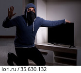 Burglar thief stealing tv from apartment house. Стоковое фото, фотограф Elnur / Фотобанк Лори