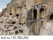Vardzia cave monastery structures with temple of Assumption, Georgia. Стоковое фото, фотограф Яков Филимонов / Фотобанк Лори