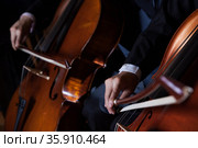 Close-up of midsection of two cellists playing the cello during a performance. Стоковое фото, агентство Ingram Publishing / Фотобанк Лори