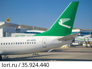 Хвостовая часть самолета BOEING 737-800 (EZ-A015) Туркменских авиалиний на фоне международного терминала Ашхабадского аэропорта. Туркменистан (2017 год). Редакционное фото, фотограф Виктор Карасев / Фотобанк Лори