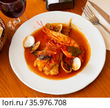 Seafood monkfish tail with shrimp and mussels. Стоковое фото, фотограф Яков Филимонов / Фотобанк Лори