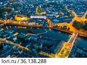 Evening aerial view of city of Laval and the Mayenne river. France. Стоковое фото, фотограф Яков Филимонов / Фотобанк Лори