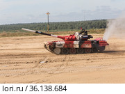 Moscow region, Alabino landfill. International Army games-2020. Tank biathlon. T-72B3 tank with russian crew passes the distance. Редакционное фото, фотограф Наталья Волкова / Фотобанк Лори