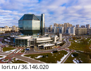 View from drone of National Library of Belarus. Стоковое фото, фотограф Яков Филимонов / Фотобанк Лори