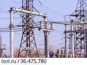 part of high-voltage substation with switches and disconnectors. Стоковое фото, фотограф Акиньшин Владимир / Фотобанк Лори