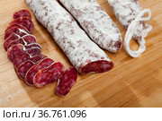 Slicing delicious Spanish smoked sausage fuete. Стоковое фото, фотограф Яков Филимонов / Фотобанк Лори