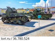 Russia, Verkhnyaya Pyshma, July 2021: heavy armored military equipment at the site of the Military Glory Museum of the Urals. Редакционное фото, фотограф Акиньшин Владимир / Фотобанк Лори