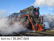 Старый советский магистральный грузовой паровоз Л-4429 крупным планом солнечным октябрьским утром. Сортавала (2021 год). Редакционное фото, фотограф Виктор Карасев / Фотобанк Лори