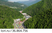 Северный Кавказ. Роза Хутор. Вид с воздуха. North Caucasus. Rosa Khutor. Aerial view. (2021 год). Стоковое видео, видеограф Евгений Романов / Фотобанк Лори
