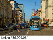 Москва, Тверской район, улица Лесная, современный трамвай "Витязь-М" (2021 год). Редакционное фото, фотограф glokaya_kuzdra / Фотобанк Лори