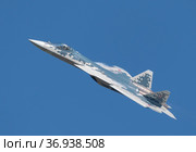 Moscow Russia Zhukovsky Airfield 31 August 2019: Demonstration of the latest Russian SU-57 fighterof the international aerospace salon MAKS-2019. Редакционное фото, фотограф Фотограф / Фотобанк Лори
