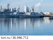Малые ракетные корабли "Зеленый Дол" и "Одинцово"  солнечным августовским утром. Кронштадт (2021 год). Редакционное фото, фотограф Виктор Карасев / Фотобанк Лори