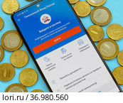 Мобильное приложение Пенсионного фонда России на экране телефона (2021 год). Редакционное фото, фотограф Татьяна Т / Фотобанк Лори