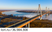 Flight over cable-stayed bridge over the Oka River. Стоковое фото, фотограф Яков Филимонов / Фотобанк Лори