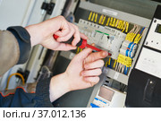 Electrician work. Installing equipment in switchbox. current breaker installation. Стоковое фото, фотограф Дмитрий Калиновский / Фотобанк Лори