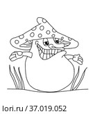 Black hand-drawn vector illustration of One fun mushroom Fly agaric isolated on a white background. Стоковая иллюстрация, иллюстратор Татьяна Куклина / Фотобанк Лори