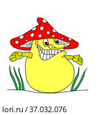 Red and yellow hand-drawn vector illustration of One fun mushroom Fly agaric isolated on a white background. Стоковая иллюстрация, иллюстратор Татьяна Куклина / Фотобанк Лори